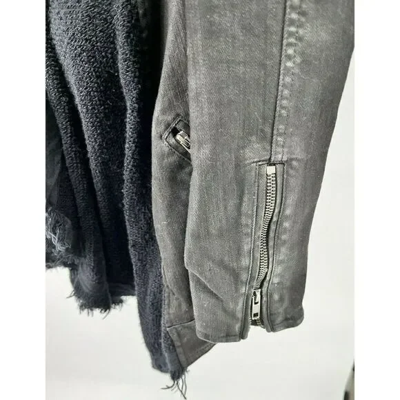 Free People Black Moto Jacket Coat Size 2 Front Drape Coated Denim Jean